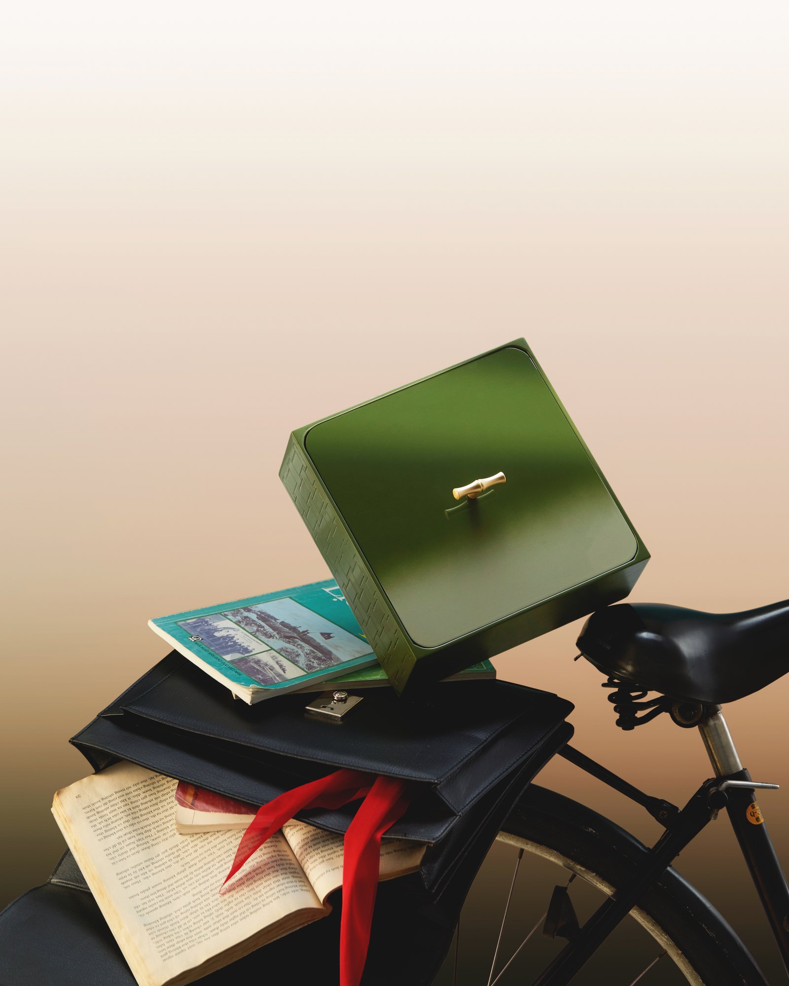 Green gift box on a bicycle