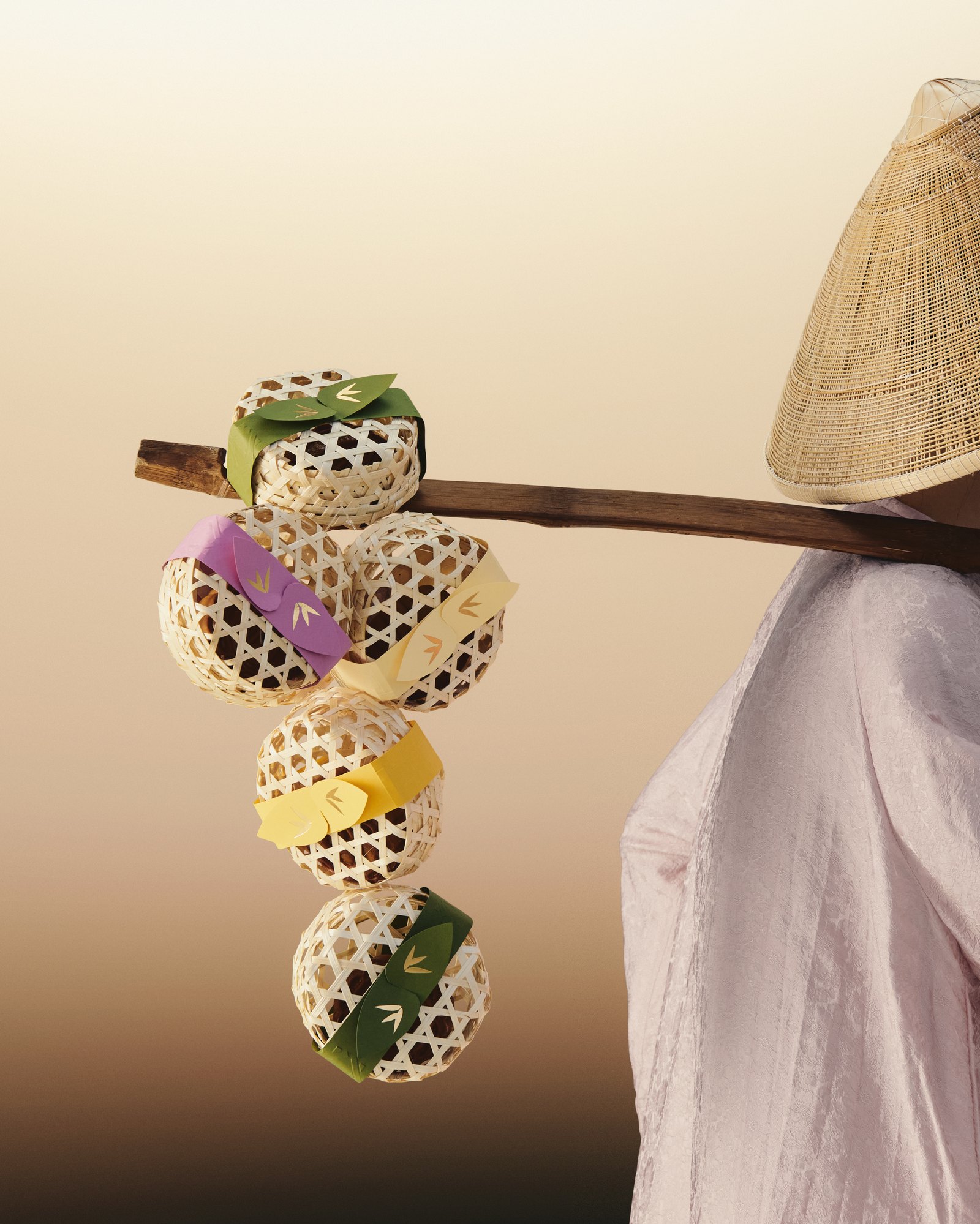 Woven spheres on a bamboo pole